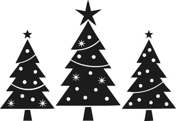 Christmas tree icons, silhouettes in black color. Vintage vector icons isolated on white background. Silhouettes of Christmas trees with a stars at the top. Big set for decoration.