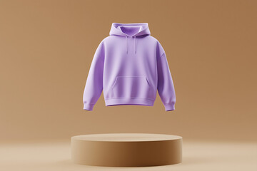 Blank Purple Mockup Hoodie design floating above a podium with an isolated neutral brown color background