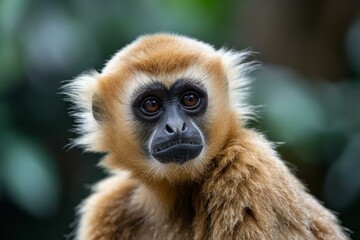 Fototapeta premium Northern lar gibbon turning its head and looking over its shoulder with a blurred jungle background