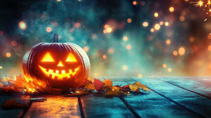 Fototapeta premium A glowing jack-o'-lantern with an evil grin sits on a wooden floor amidst an eerie, foggy atmosphere with twinkling lights in the background, creating a haunting Halloween scene.