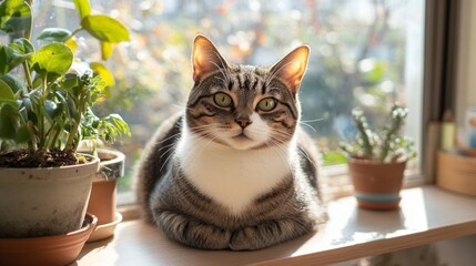 Gray Tabby Cat Lounging on Windowsill in a Cat-Friendly Space