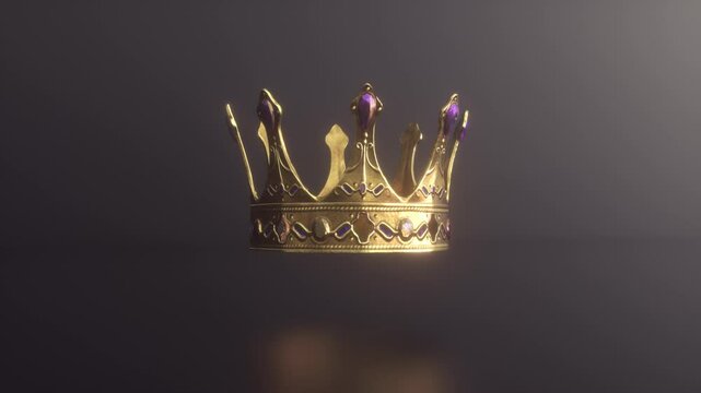 Fabulous golden crown rotating on a dark background. Symbol of monarchy