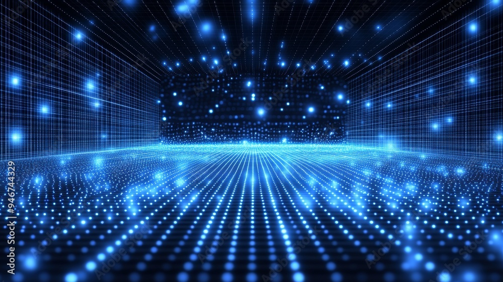 Poster in a technological environment, abstract background containing data particles carrying unique inform