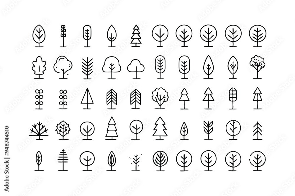 Wall mural set of minimal linear trees vector icon.
