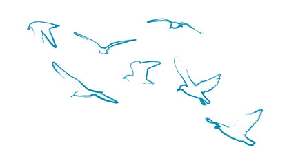 Abstract flying blue birds. . Doves of peace. hand drawing. Not AI. Vector illustration