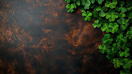 Background of an empty wooden table and a green clover on Saint Patrick's Day