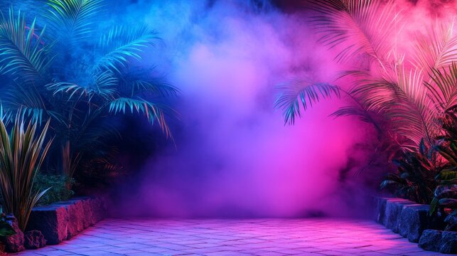 Retro illustration of a tropical background in neon light