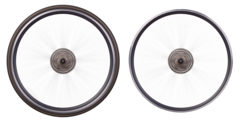Two rear bicycle wheels shown in motion on isolated background.