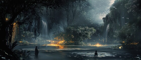 A Mystical Forest with Glowing Trees and Silhouettes by a Still Lake