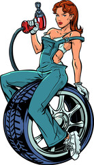 Pop Art Retro A woman in overalls is a tire mechanic for cars. Vehicle repair workshop. Replacing tires due to changing weather.