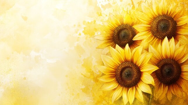 Yellow and gold sunflower background, Japanese watercolor style for wallpaper, cards.