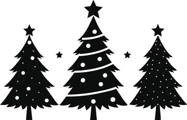 Christmas tree icons, silhouettes in black color. Vintage vector icons isolated on white background. Silhouettes of Christmas trees with a stars at the top. Big set for decoration.