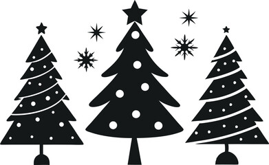 Christmas tree icons, silhouettes in black color. Vintage vector icons isolated on white background. Silhouettes of Christmas trees with a stars at the top. Big set for decoration.