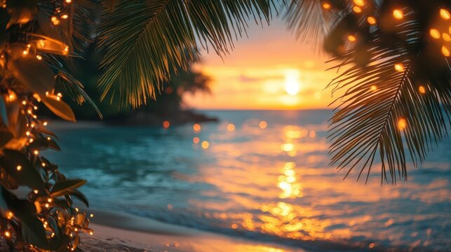 tropical christmas celebration palmfringed beach festive decorations golden sunset cocktails