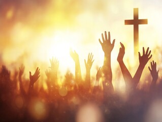 Human hands rising over blurry cross background: worship concept