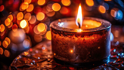 A close-up of a candle burning with a soft, warm glow