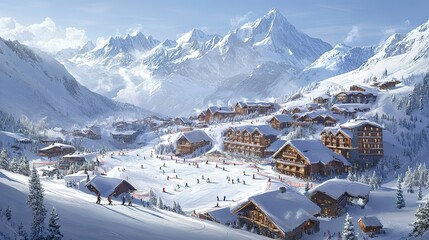 A panoramic view of a ski resort with multiple ski runs, skiers, and snow-covered chalets, set against a dramatic mountain range