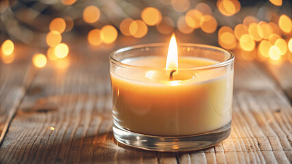 A close-up of a candle burning with a soft, warm glow