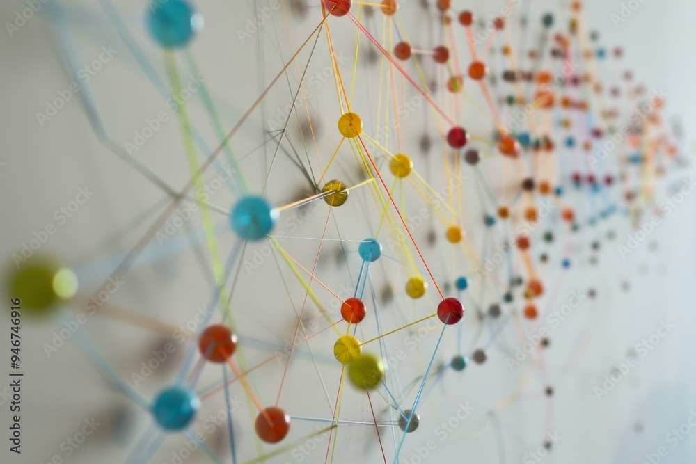 Poster complex network of colorful nodes and connections illustrating the interconnected nature of global c