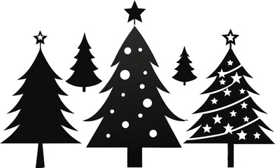 Fototapeta premium Christmas tree icons, silhouettes in black color. Vintage vector icons isolated on white background. Silhouettes of Christmas trees with a stars at the top. Big set for decoration.
