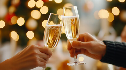 In a warmly lit setting, a diverse group of friends is raising their champagne glasses in a toast during a Christmas dinner. The table is adorned with holiday decorations, and the