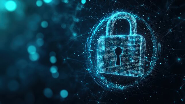 This artwork showcases a secure lock visually integrated with binary code, highlighting the importance of data security and protection