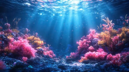underwater scene with diverse marine life and coral reefs bathed in ethereal blue light bioluminescent creatures and swirling currents create a magical otherworldly ecosystem