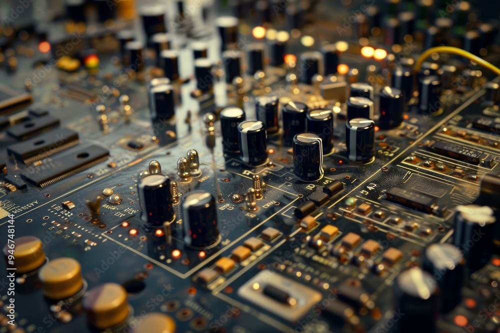 Poster electronic circuit board showing computer technology with shallow depth of field