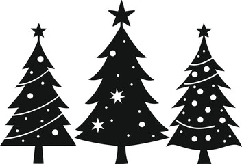Christmas tree icons, silhouettes in black color. Vintage vector icons isolated on white background. Silhouettes of Christmas trees with a stars at the top. Big set for decoration.