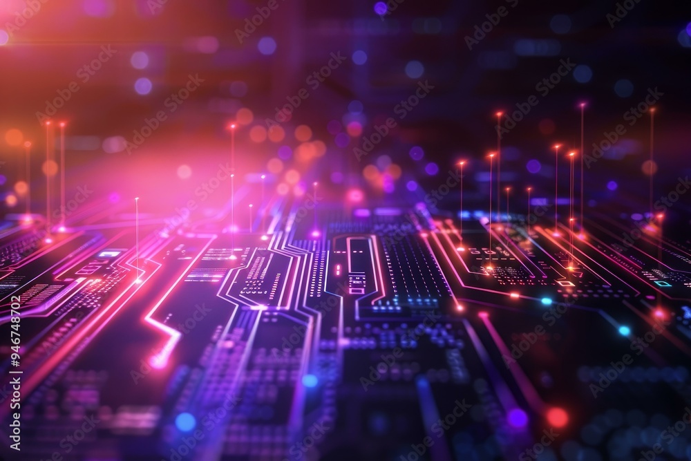 Poster futuristic circuit board with data transferring through, creating a technological background