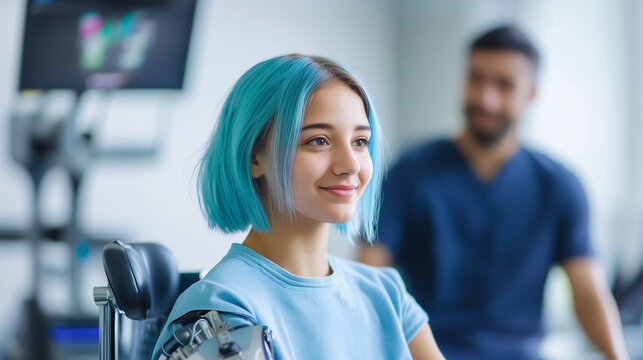 A young woman with distinctive blue hair is undergoing a prosthetic arm fitting at an orthology clinic. The doctor is focused on ensuring the prosthetic is properly adjusted, showc