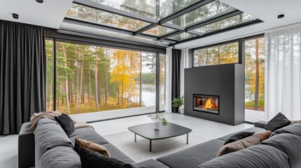 Fall tree background for online webinar presentation. Team meeting home office with fireplace and virtual room with window view.