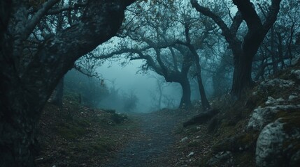 An abstract Bokeh scene of fog in a spooky forest in moonlight on asphalt - generated with stock