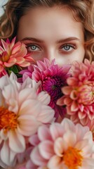 Naklejka premium dahlias against the background of a woman.