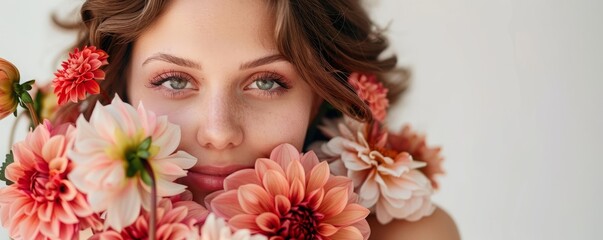 Naklejka premium dahlias against the background of a woman.