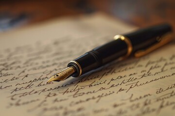 Elegant fountain pen is lying on a sheet of aged paper filled with cursive handwriting