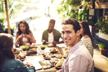 Group, man and portrait in coffee break with food at team building, meeting or gathering together at cafe. Male person, smile and creative for career as staff, brainstorming or planning at restaurant