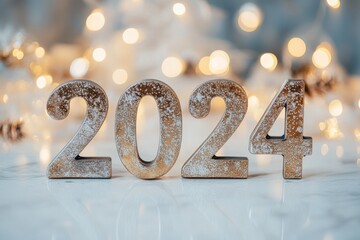 Happy new year 2024 background new year holidays card with sparkling lights, gifts, and champagne bottle