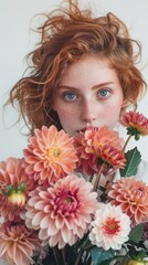 Naklejka premium dahlias against the background of a woman.