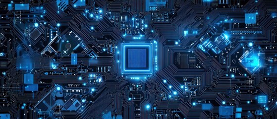 Close-up of a Circuit Board with Glowing Blue Traces