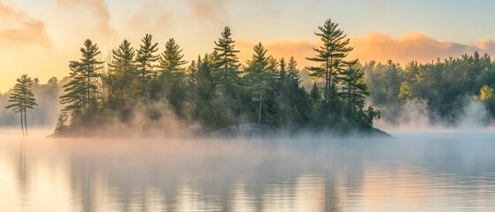 Fototapeta premium Misty Sunrise Over a Forested Island