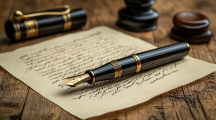vintage fountain pen poised on aged parchment midstroke swirling calligraphy trails off the quill with sepiatoned inkwells and wax seals arranged artfully around the handwritten document