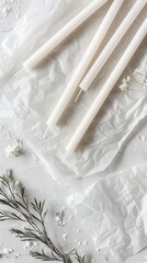 white long candles on wrapping paper.