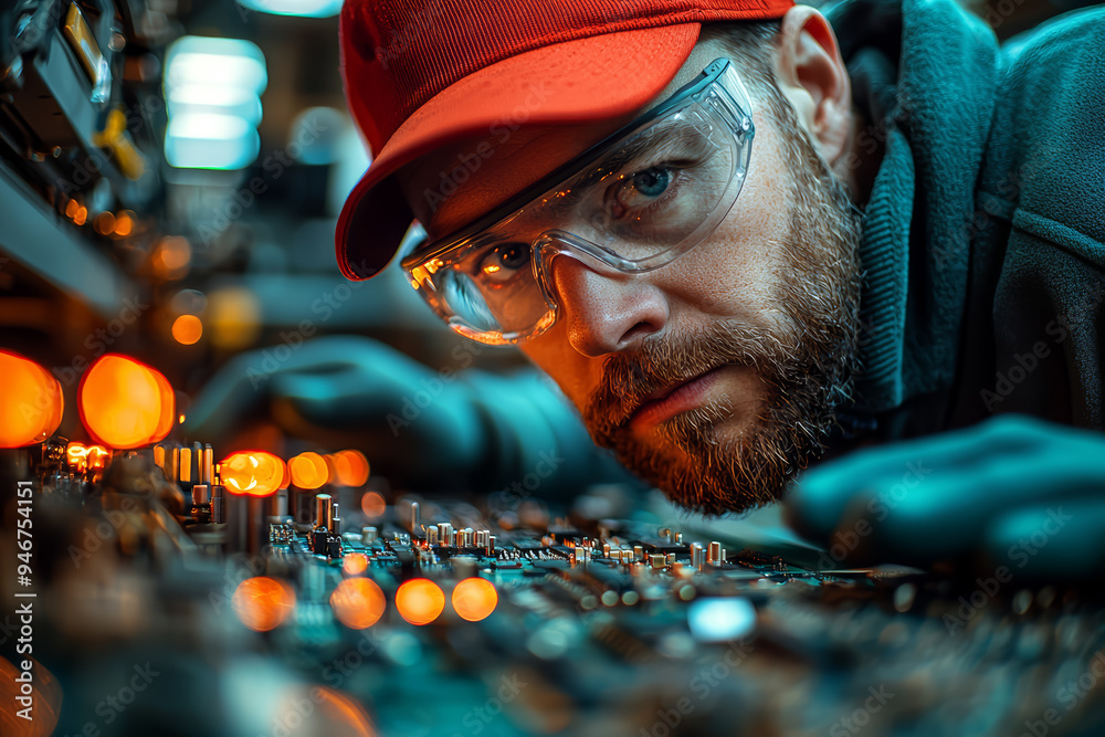 Poster an engineer inspecting a complex circuit board in a high-tech laboratory, demonstrating precision an