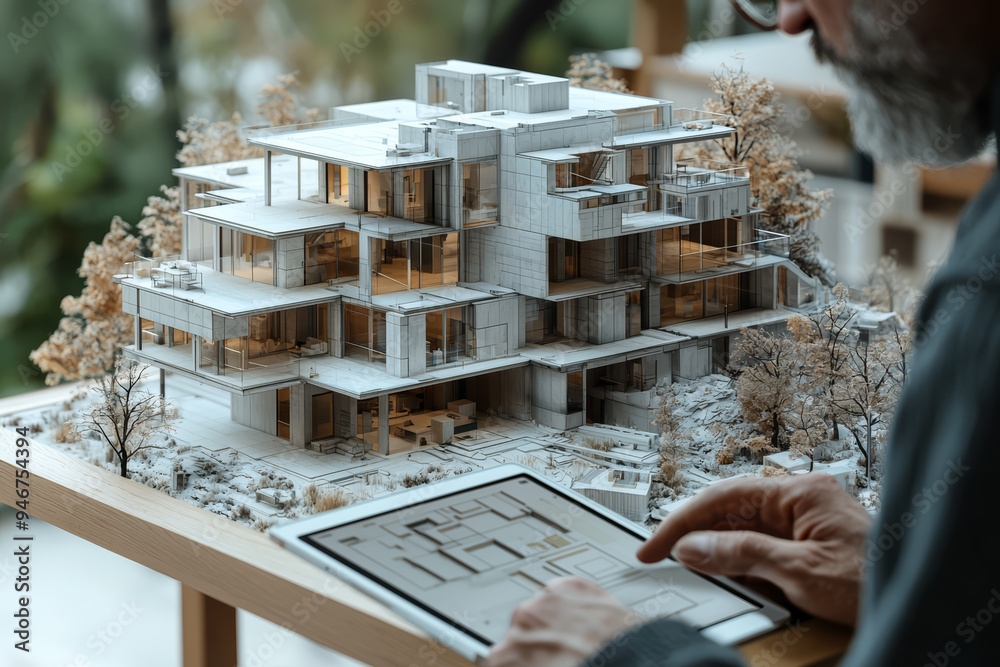 Poster An architect using 3D modeling software on a tablet to design a new building, showcasing digital design tools in architecture. Concept of digital architecture and design software.