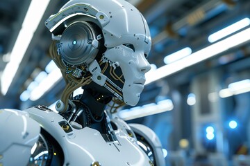 Fototapeta premium Cyborg head. Cybernetic organism. Mechanical robot. Future technologies. Artificial intelligence. Artificial intelligence with neural networks. 