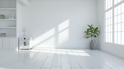 Bright, minimalist interior with a washing machine and a potted plant.