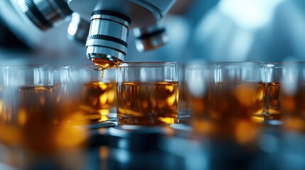 A laboratory microscope is closely focusing on small transparent liquid samples in glass containers, highlighting precision and scientific research in a controlled environment.