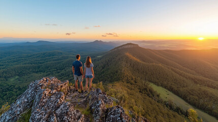 Fototapeta premium A couple stands on a cliff at sunset, holding hands and gazing at the vast landscape below. The golden light symbolizes love, adventure, and the serenity of nature.