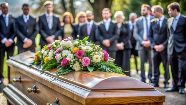 Coffin at Funeral with People Standing Around, Somber and Respectful Scene